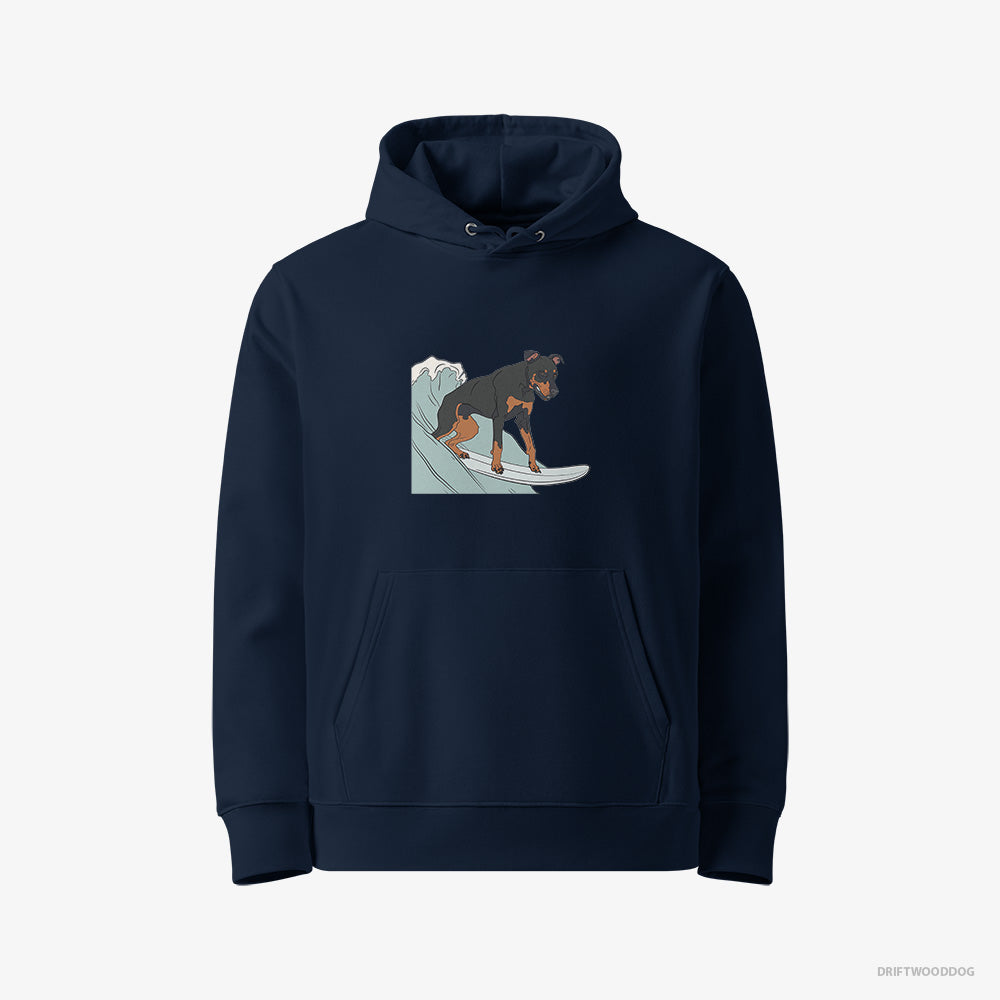 Dobermann Hoodie – Men Navy Hoodie Eco-Friendly – Surfing on a Board (on White Background)