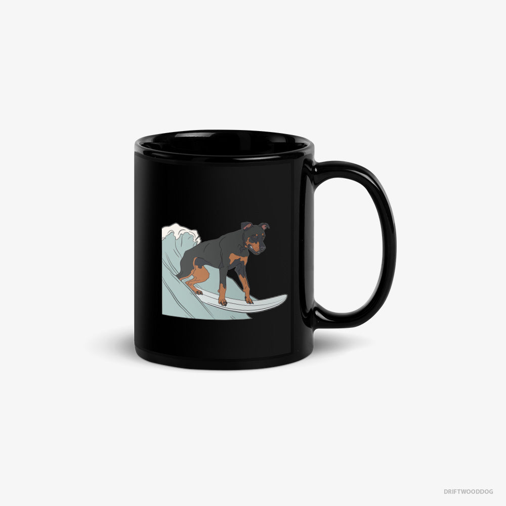 Dobermann Mug – Unisex Black Mug Classic – Surfing on a Board (on White Background)