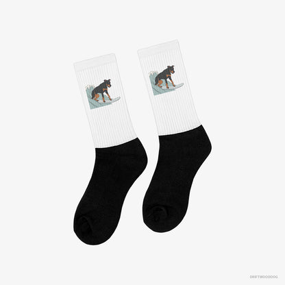 Dobermann Surfing on a Board White and Black Socks