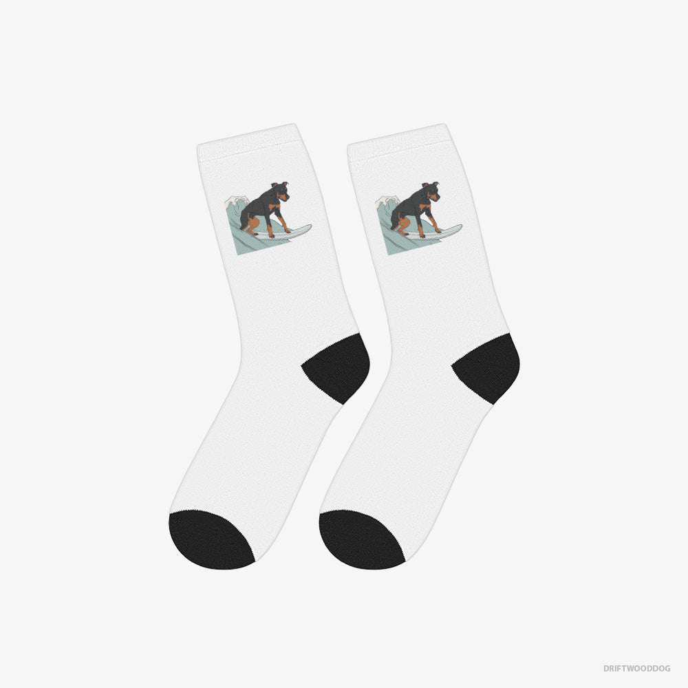 Dobermann Socks – Unisex White Socks Classic – Surfing on a Board (on White Background)