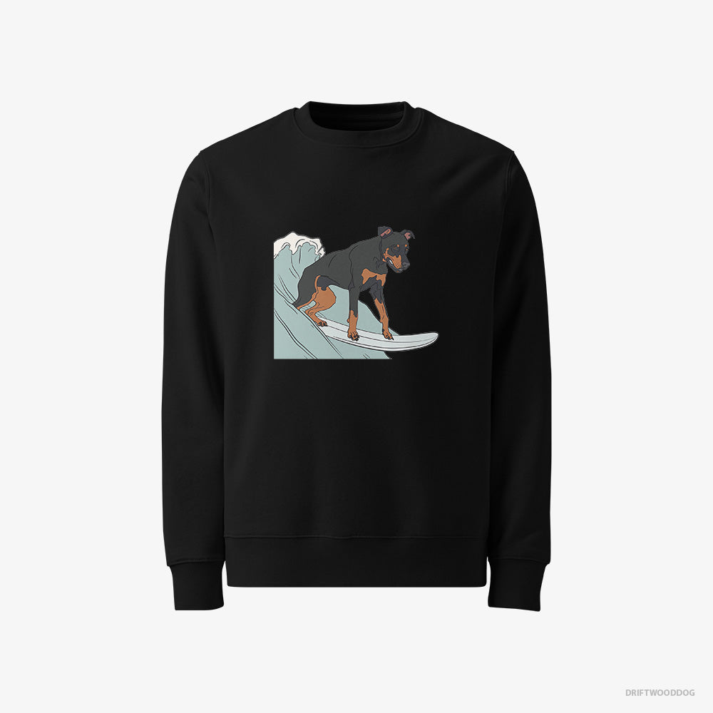 Dobermann Sweatshirt – Men Black Sweatshirt Classic – Surfing on a Board (on White Background)