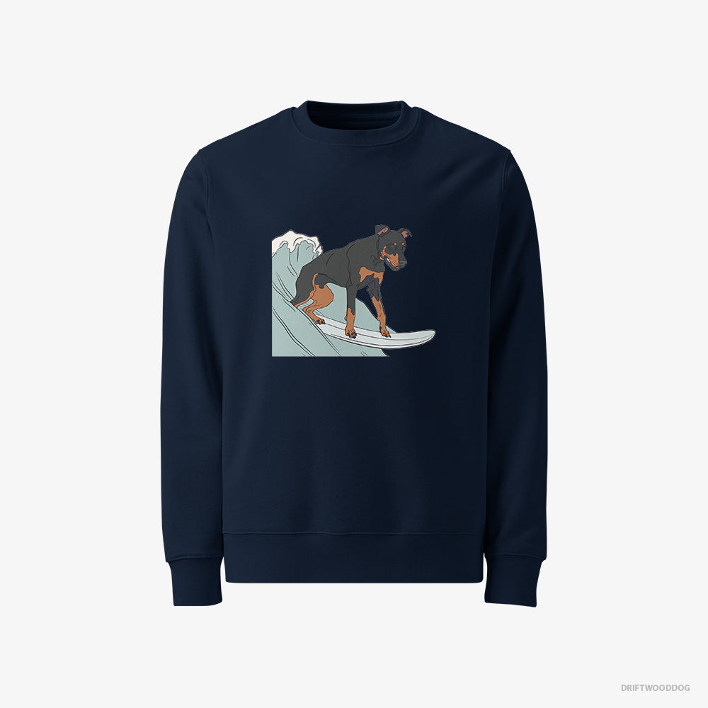 Dobermann Sweatshirt – Men Navy Sweatshirt Classic – Surfing on a Board (on White Background)