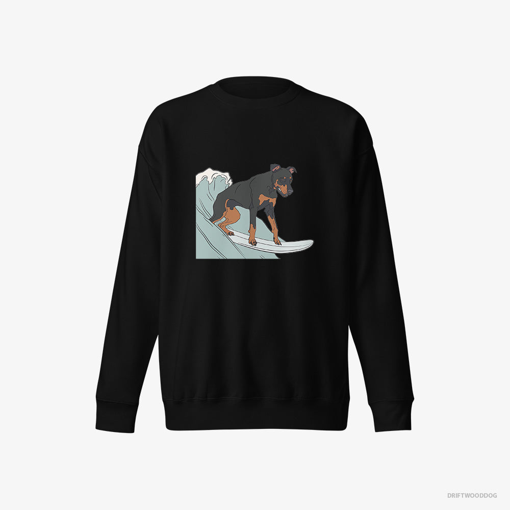 Dobermann Sweatshirt – Men Black Sweatshirt Eco-Friendly – Surfing on a Board (on White Background)