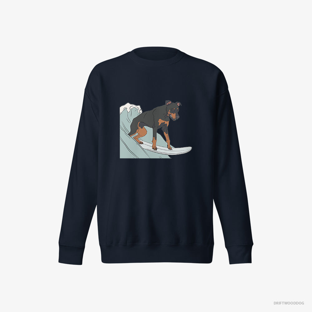 Dobermann Sweatshirt – Women Navy Sweatshirt Eco-Friendly – Surfing on a Board (on White Background)