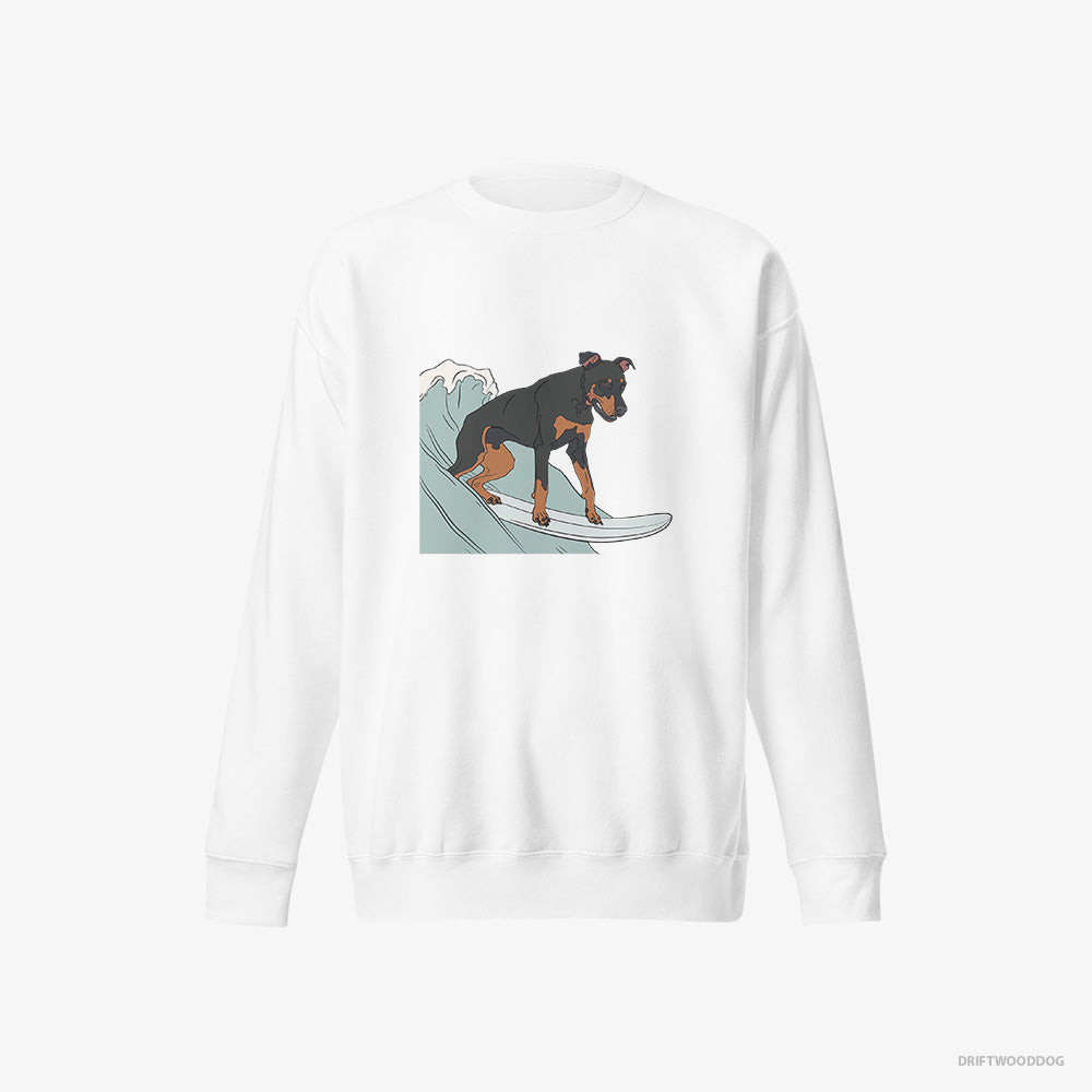 Dobermann Sweatshirt – Men White Sweatshirt Eco-Friendly – Surfing on a Board (on White Background)