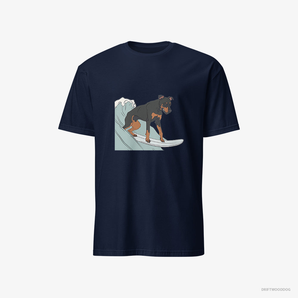 Dobermann T-Shirt – Men Navy T-Shirt Classic – Surfing on a Board (on White Background)