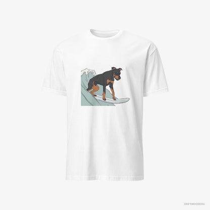 Dobermann T-Shirt – Men White T-Shirt Classic – Surfing on a Board (on White Background)