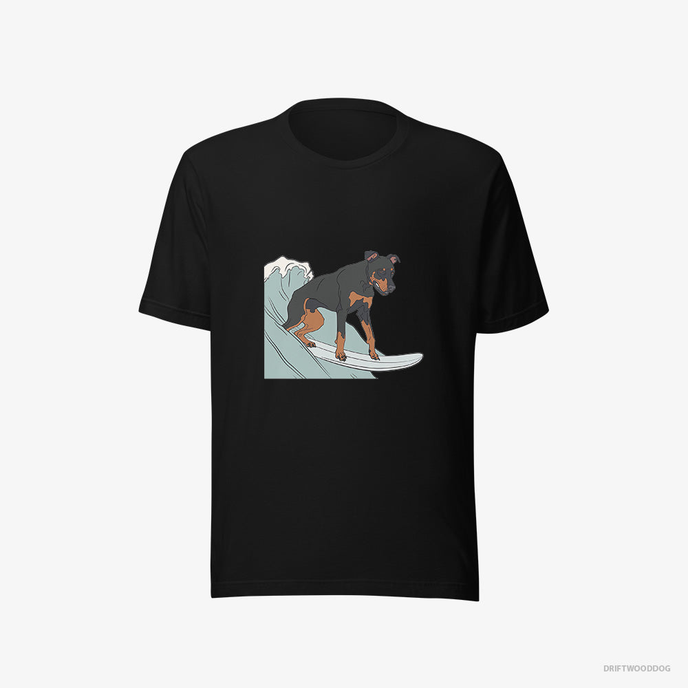 Dobermann T-Shirt – Men Black T-Shirt Eco-Friendly – Surfing on a Board (on White Background)