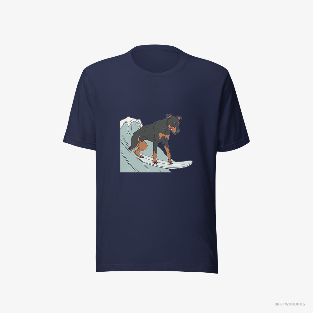 Dobermann T-Shirt – Women Navy T-Shirt Eco-Friendly – Surfing on a Board (on White Background)