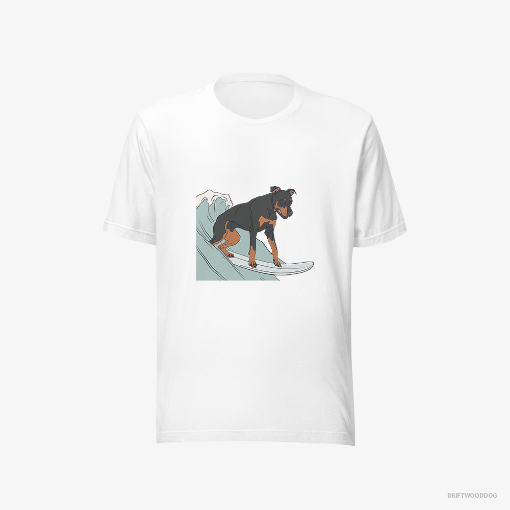 Dobermann T-Shirt – Men White T-Shirt Eco-Friendly – Surfing on a Board (on White Background)