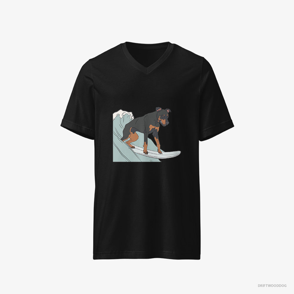 Dobermann T-Shirt – Men Black T-Shirt V-Neck – Surfing on a Board (on White Background)