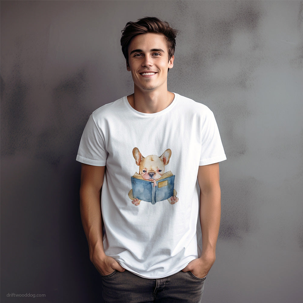 Puppy French Bulldog Immersed in a Book T-Shirt – Dog Graphic Tee for Men