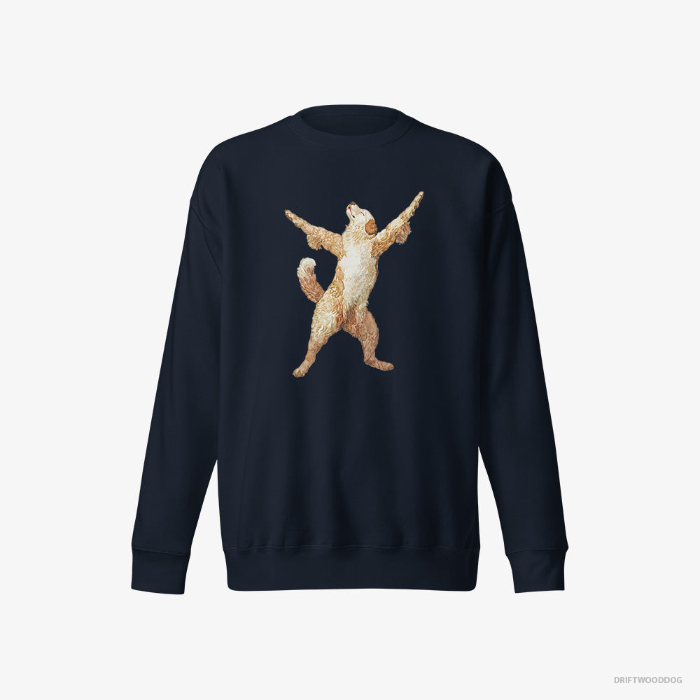 Golden Retriever Sweatshirt – Men Navy Sweatshirt Eco-Friendly – Doing Yoga (on White Background)