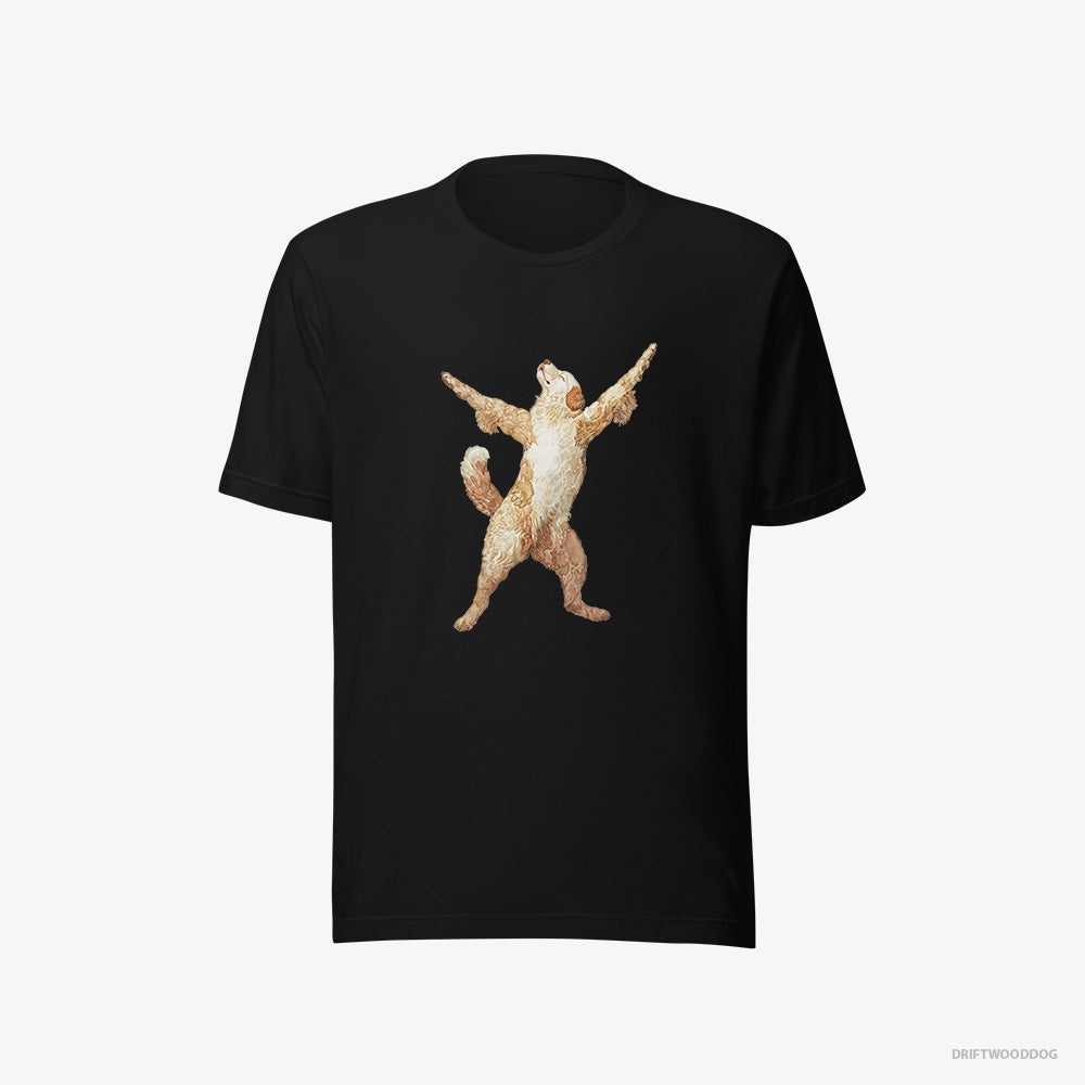 Golden Retriever T-Shirt – Women Black T-Shirt Eco-Friendly – Doing Yoga (on White Background)