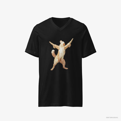 Golden Retriever T-Shirt – Men Black T-Shirt V-Neck – Doing Yoga (on White Background)