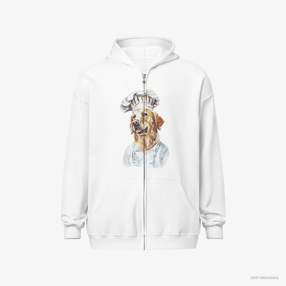 Golden Retriever Hoodie – Women White Hoodie Full-Zip – Coming to Cook (on White Background)