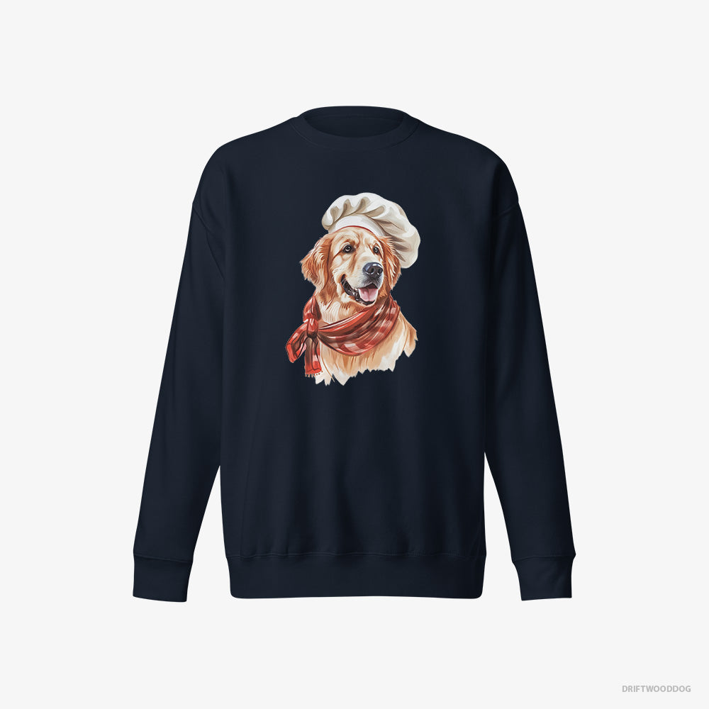 Golden Retriever Sweatshirt – Women Navy Sweatshirt Eco-Friendly – Ready for Some Cooking (on White Background)