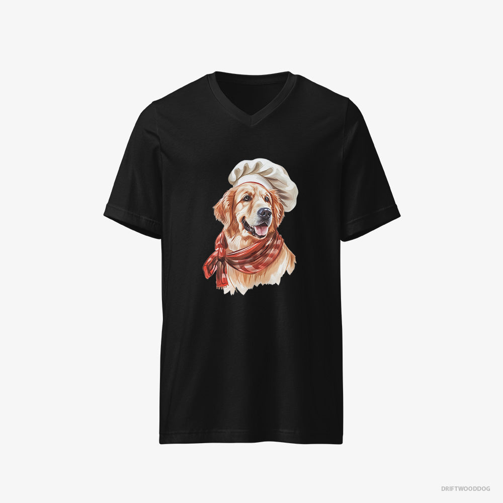 Golden Retriever T-Shirt – Men Black T-Shirt V-Neck – Ready for Some Cooking (on White Background)