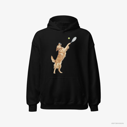 Golden Retriever Hoodie – Men Black Hoodie Classic – Playing Tennis on the Tennis Court (on White Background)