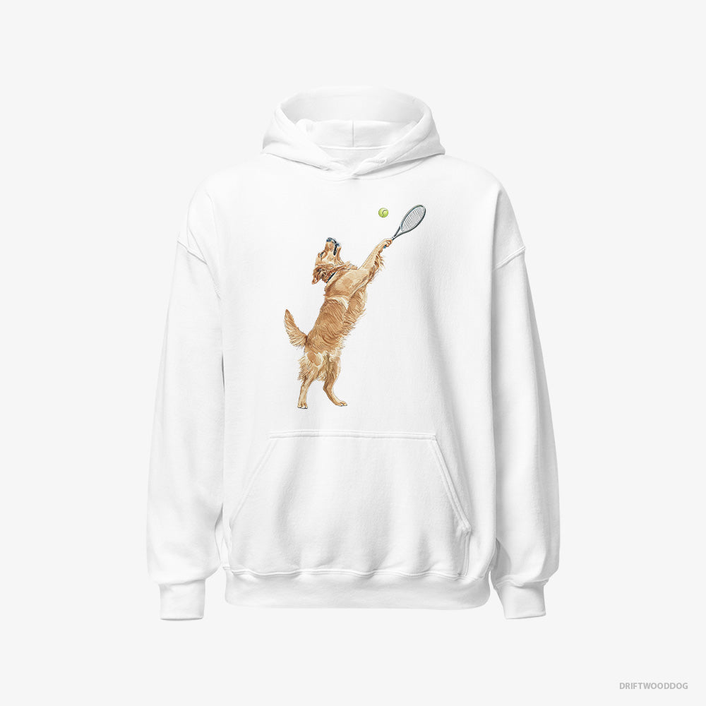 Golden Retriever Hoodie – Women White Hoodie Classic – Playing Tennis on the Tennis Court (on White Background)