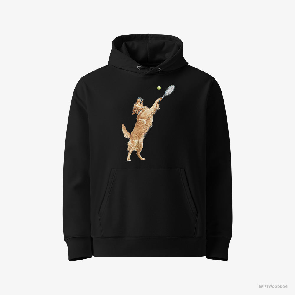 Golden Retriever Hoodie – Women Black Hoodie Eco-Friendly – Playing Tennis on the Tennis Court (on White Background)