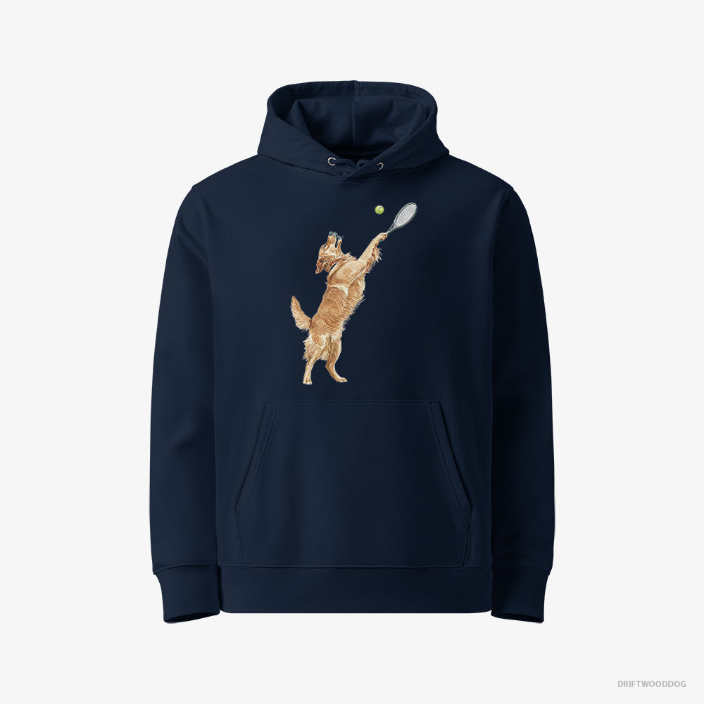 Golden Retriever Hoodie – Men Navy Hoodie Eco-Friendly – Playing Tennis on the Tennis Court (on White Background)