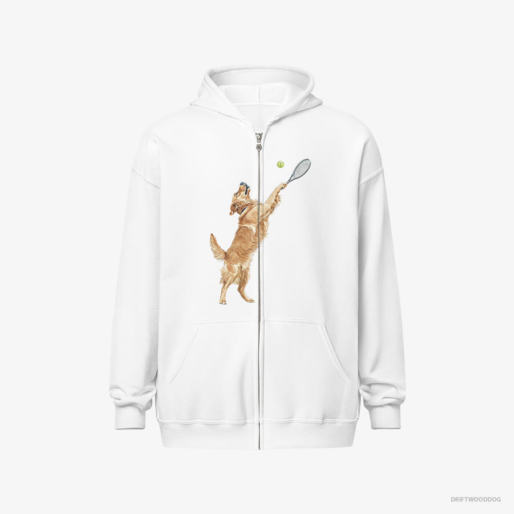 Golden Retriever Hoodie – Women White Hoodie Full-Zip – Playing Tennis on the Tennis Court (on White Background)