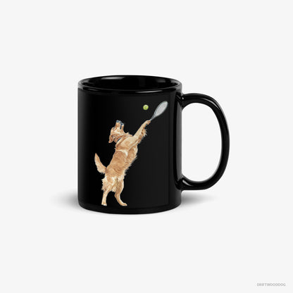 Golden Retriever Mug – Unisex Black Mug Classic – Playing Tennis on the Tennis Court (on White Background)