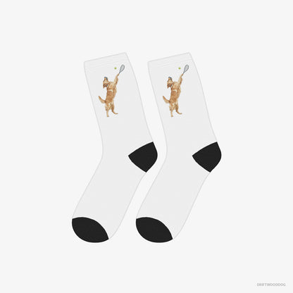 Golden Retriever Socks – Unisex White Socks Classic – Playing Tennis on the Tennis Court (on White Background)