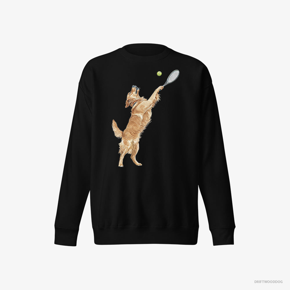 Golden Retriever Sweatshirt – Women Black Sweatshirt Eco-Friendly – Playing Tennis on the Tennis Court (on White Background)