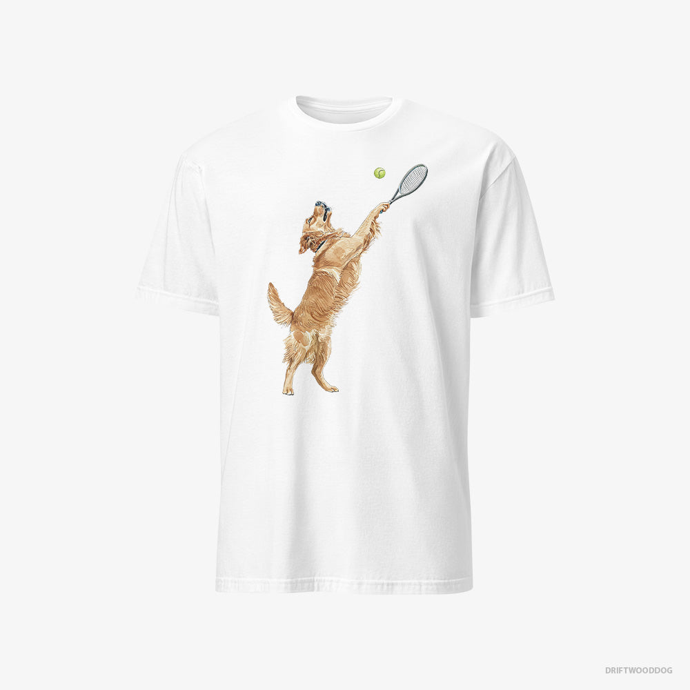 Golden Retriever T-Shirt – Men White T-Shirt Classic – Playing Tennis on the Tennis Court (on White Background)