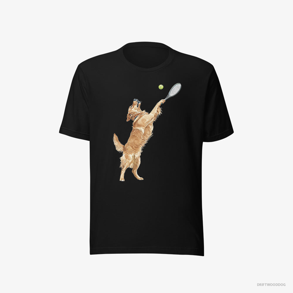 Golden Retriever T-Shirt – Women Black T-Shirt Eco-Friendly – Playing Tennis on the Tennis Court (on White Background)