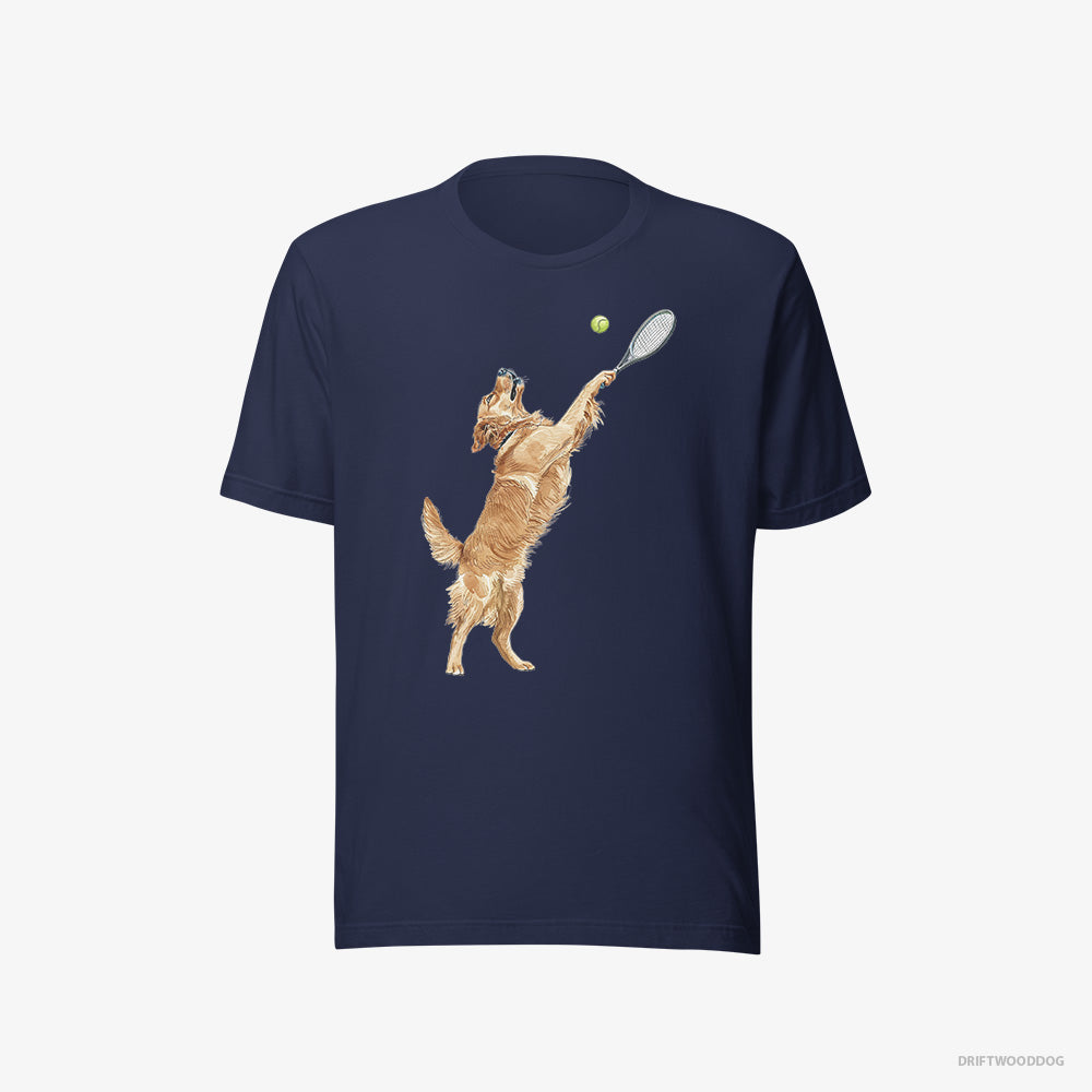 Golden Retriever T-Shirt – Women Navy T-Shirt Eco-Friendly – Playing Tennis on the Tennis Court (on White Background)