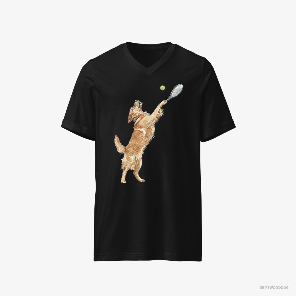 Golden Retriever T-Shirt – Men Black T-Shirt V-Neck – Playing Tennis on the Tennis Court (on White Background)