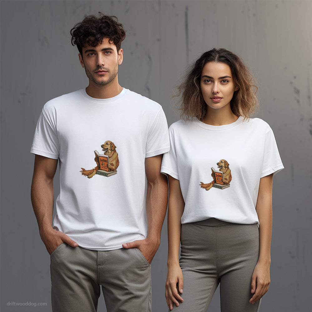 Golden Retriever Studying a Book T-Shirt – Unisex T-Shirt for Dog Lovers 