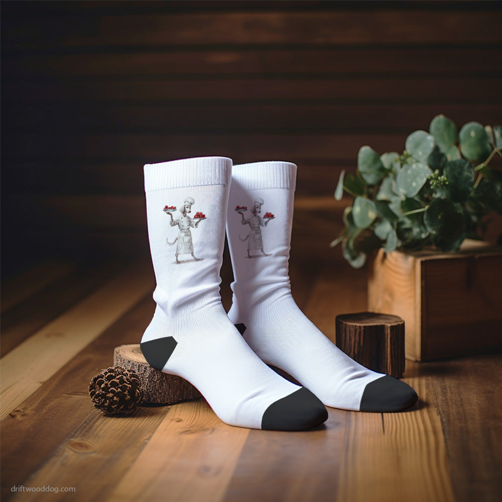 Dressed as a Chef Poodle Serving Food Socks – Unisex Dog Socks for Dog Lovers