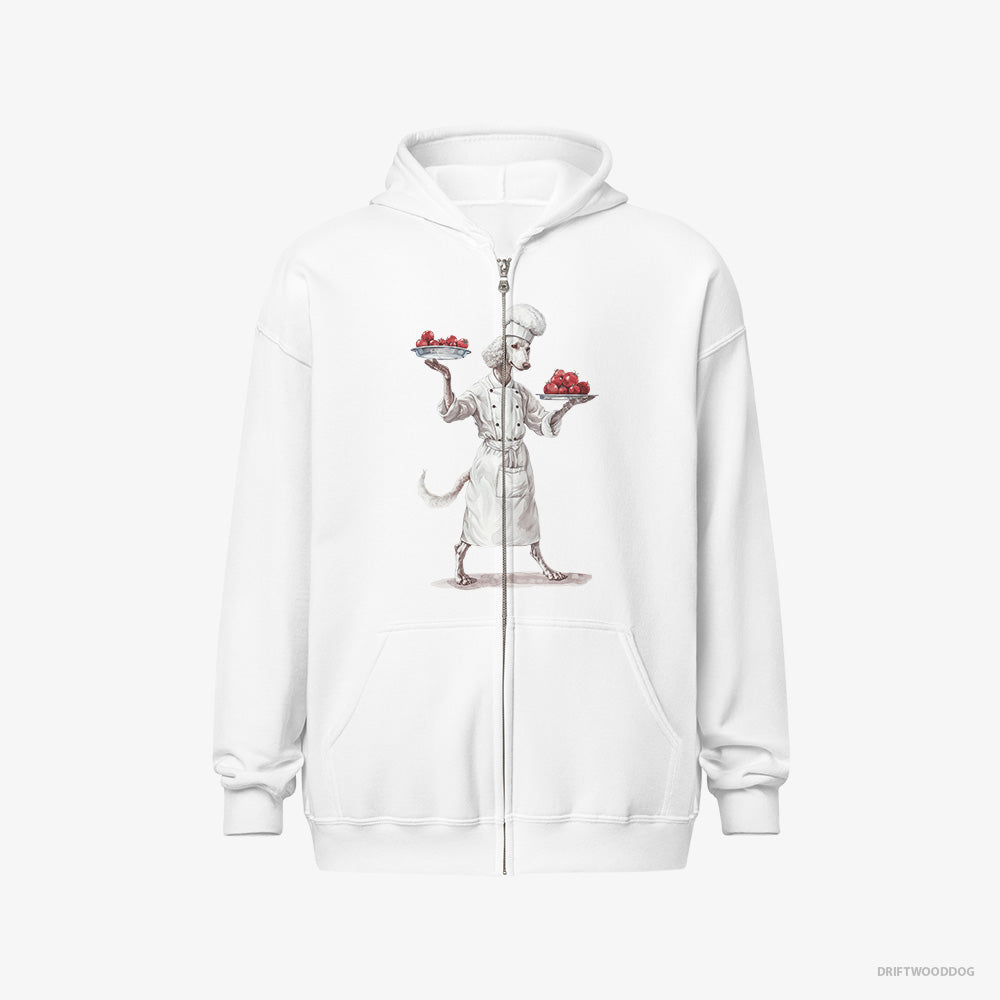 Poodle Hoodie – Men White Hoodie Full-Zip – Serving Food (on White Background)