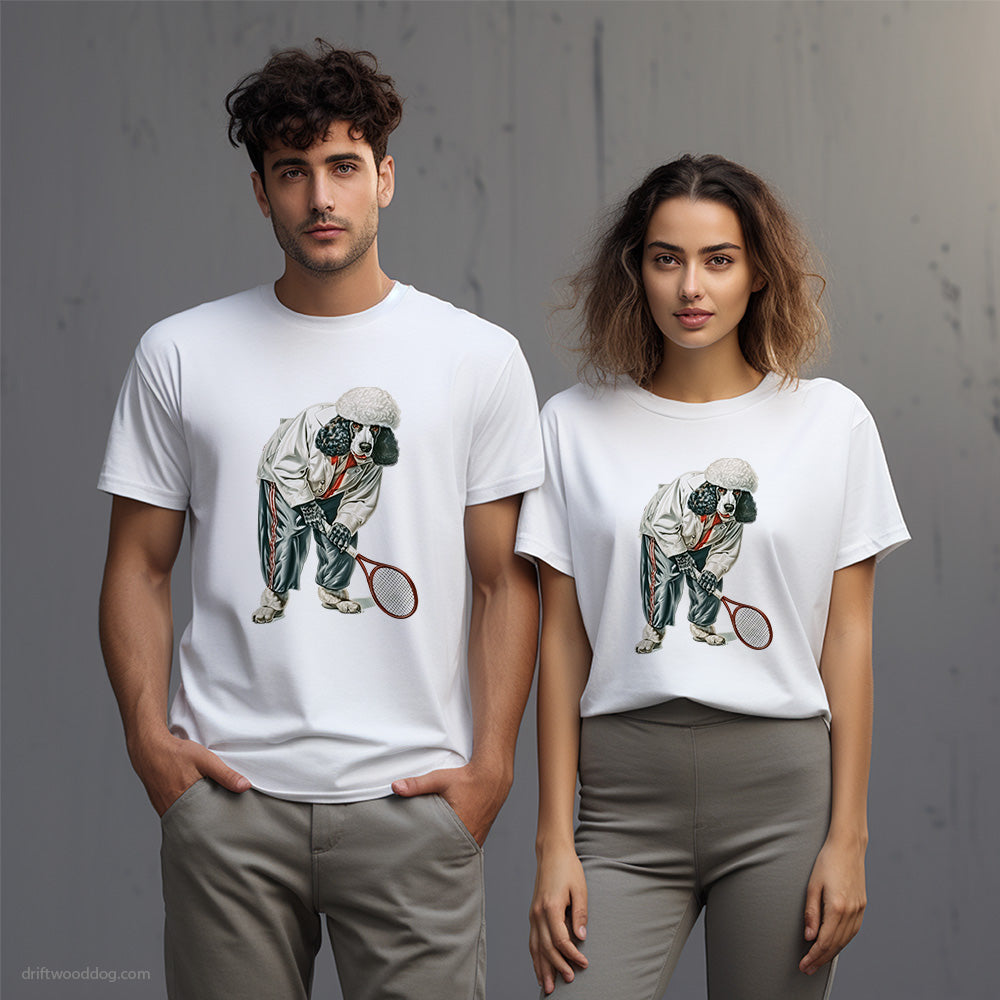 Poodle Playing Tennis on the Tennis Court T-Shirt – Unisex T-Shirt for Dog Lovers 