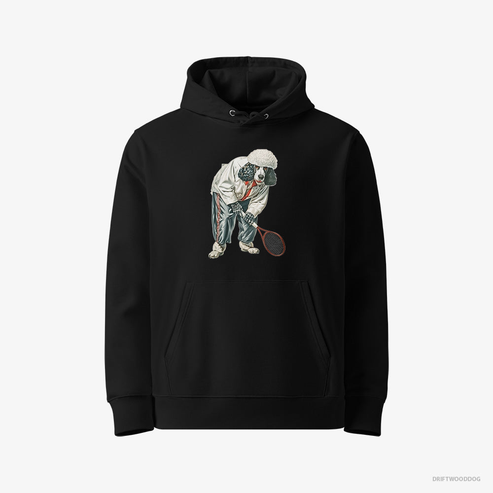 Poodle Hoodie – Women Black Hoodie Eco-Friendly – Playing Tennis on the Tennis Court (on White Background)