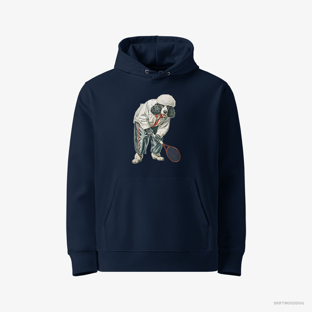 Poodle Hoodie – Men Navy Hoodie Eco-Friendly – Playing Tennis on the Tennis Court (on White Background)