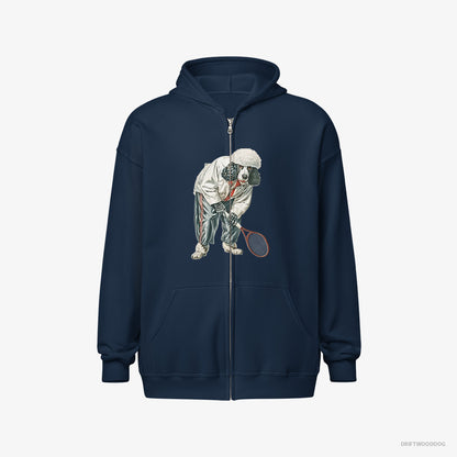 Poodle Hoodie – Women Navy Hoodie Full-Zip – Playing Tennis on the Tennis Court (on White Background)