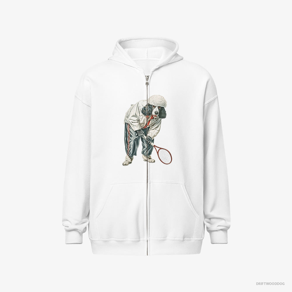 Poodle Hoodie – Women White Hoodie Full-Zip – Playing Tennis on the Tennis Court (on White Background)