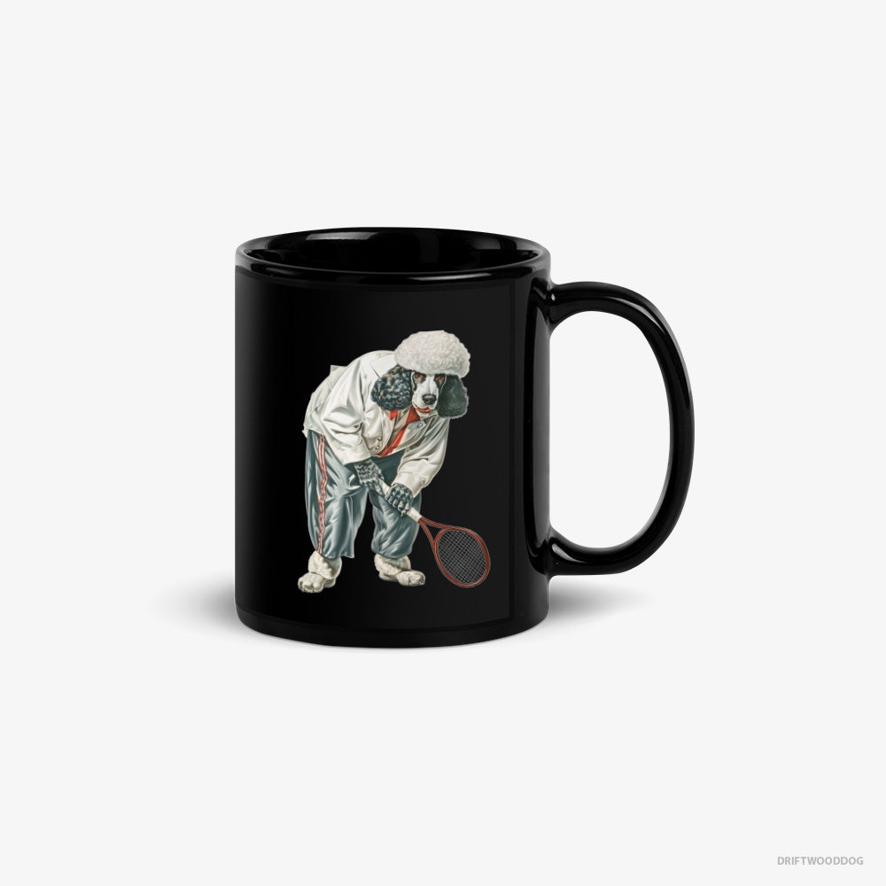 Poodle Mug – Unisex Black Mug Classic – Playing Tennis on the Tennis Court (on White Background)