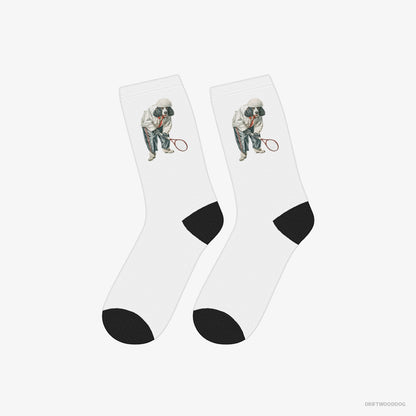 Poodle Socks – Unisex White Socks Classic – Playing Tennis on the Tennis Court (on White Background)