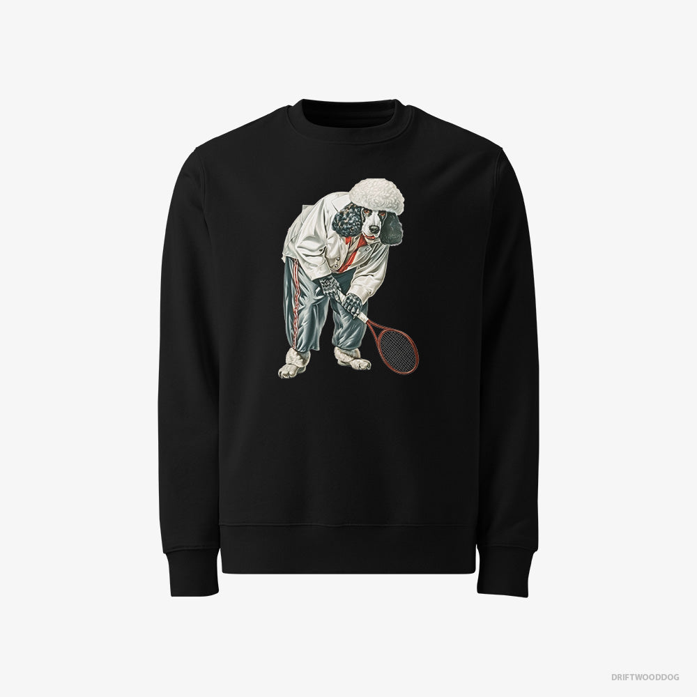 Poodle Sweatshirt – Men Black Sweatshirt Classic – Playing Tennis on the Tennis Court (on White Background)