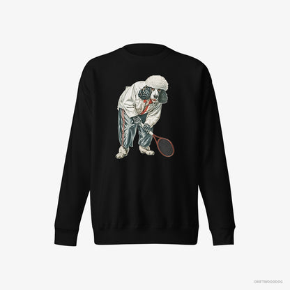 Poodle Sweatshirt – Men Black Sweatshirt Eco-Friendly – Playing Tennis on the Tennis Court (on White Background)