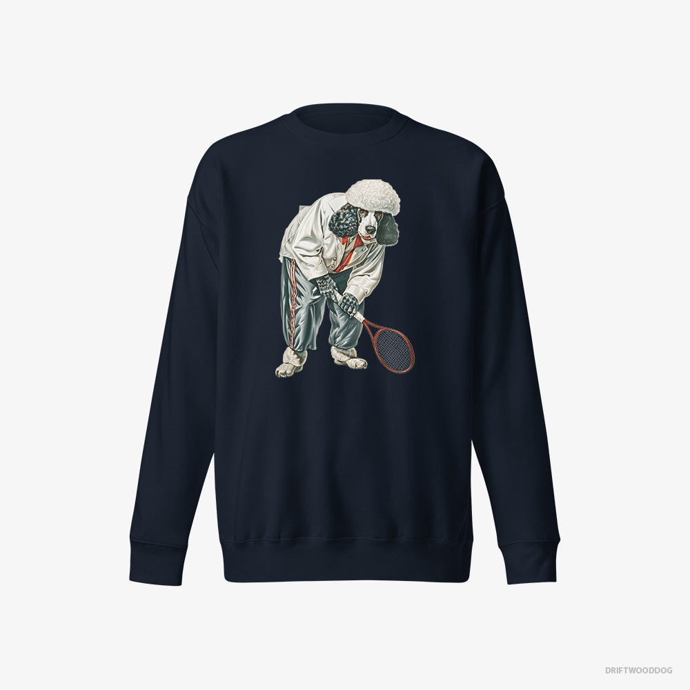 Poodle Sweatshirt – Men Navy Sweatshirt Eco-Friendly – Playing Tennis on the Tennis Court (on White Background)