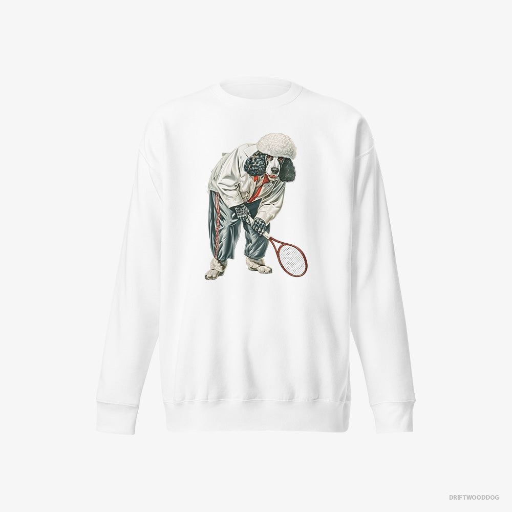 Poodle Sweatshirt – Men White Sweatshirt Eco-Friendly – Playing Tennis on the Tennis Court (on White Background)