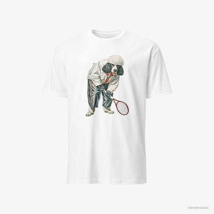 Poodle T-Shirt – Men White T-Shirt Classic – Playing Tennis on the Tennis Court (on White Background)