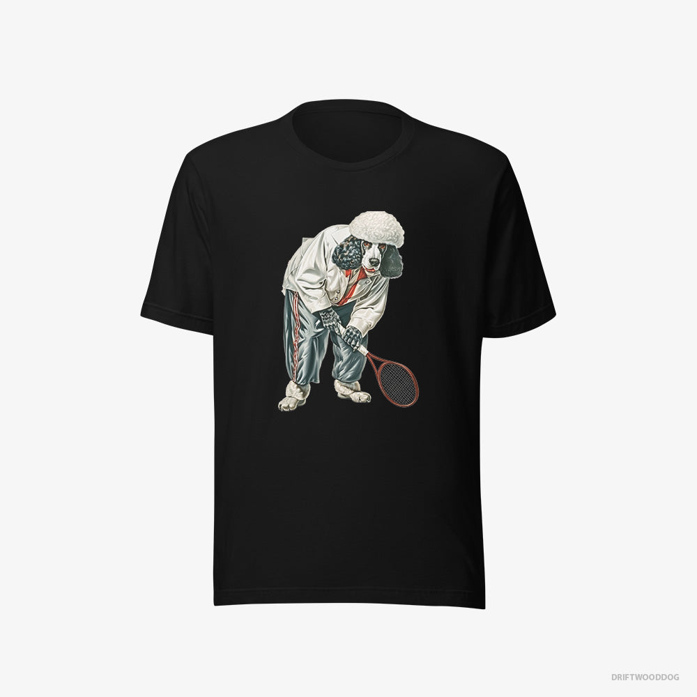 Poodle T-Shirt – Men Black T-Shirt Eco-Friendly – Playing Tennis on the Tennis Court (on White Background)